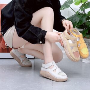 ELSHTIDE Women Leather Mesh Breathable Adjustable Ankle Platform Sport Sandals,Summer Casual Non-slip Comfort Beach Sandals (Yellow,8.5)