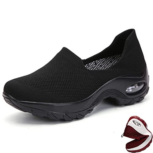 Dimleen Womens Mesh Walking Shoe Slip-on Air Cushion Orthotic Sneaker Lightweight Breathable Plantar Fasciitis Platform Nurse Loafers (Full Black,7,Women,7)