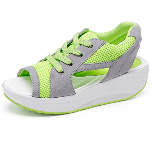 DEHIWI Muffin Sole Sandals Thick Sole Wedge Heel Breathable Rocking Shoes Women's mesh Shoes Comfort Sports Casual Women's Shoes (Fluorescent Green,40)