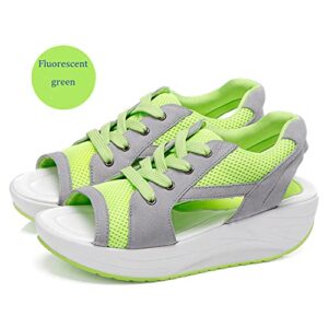 DEHIWI Muffin Sole Sandals Thick Sole Wedge Heel Breathable Rocking Shoes Women's mesh Shoes Comfort Sports Casual Women's Shoes (Fluorescent Green,40)