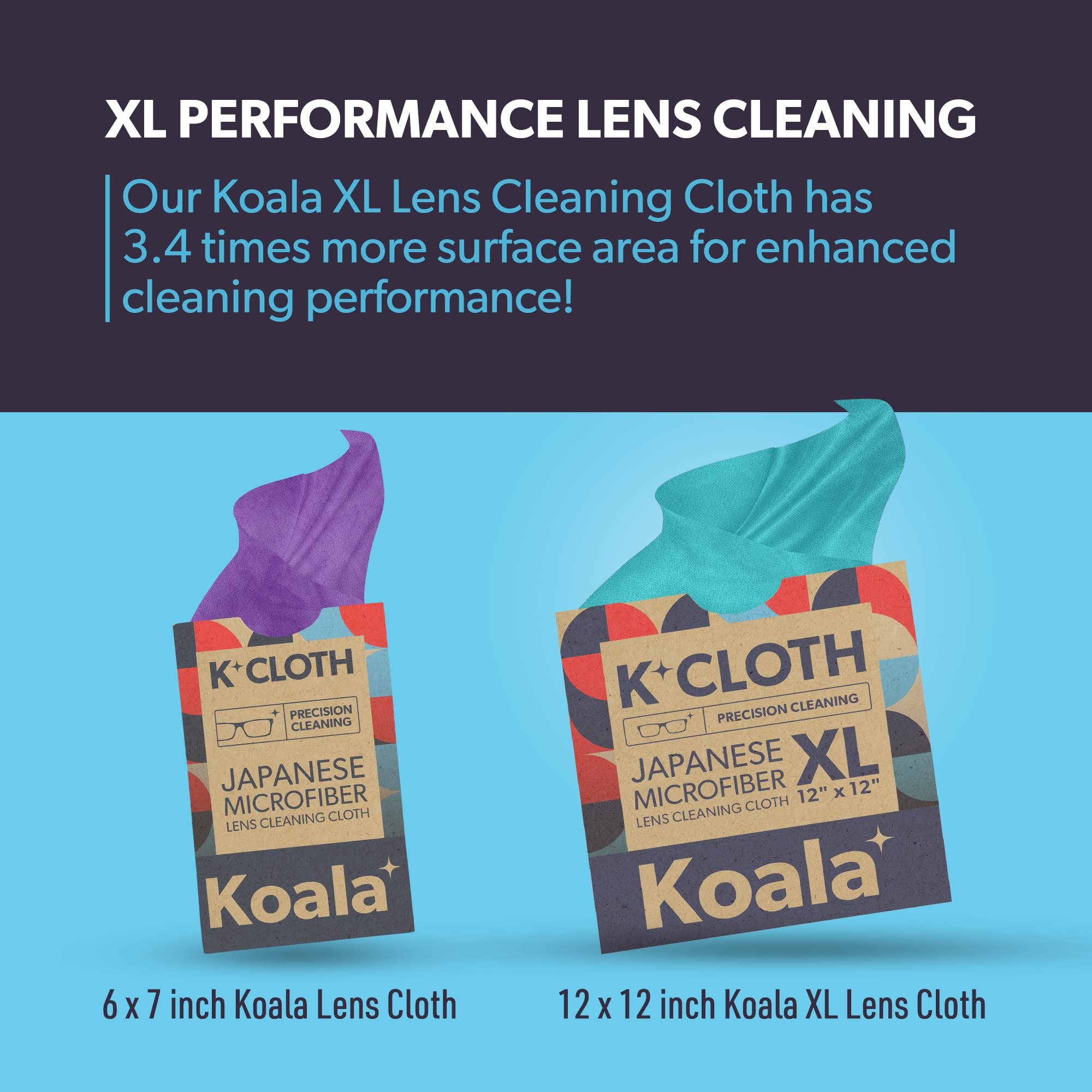 Koala Lens Cleaning Cloth | Japanese Microfiber | Glasses Cleaning Cloths | Eyeglass Lens Cleaner | Eyeglasses, Camera Lens, VR/AR Headset, and Screen Cleaning | Blue & Purple (Pack of 3)