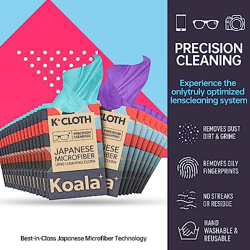 Koala Lens Cleaning Cloth | Japanese Microfiber | Glasses Cleaning Cloths | Eyeglass Lens Cleaner | Eyeglasses, Camera Lens, VR/AR Headset, and Screen Cleaning | Blue & Purple (Pack of 24)