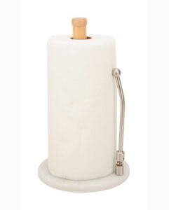 marble and wood paper towel holder with stainless steel arm