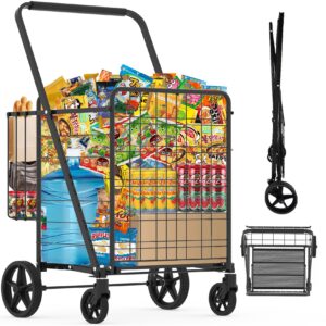 jumbo shopping cart for groceries, 30.7 gallons folding grocery cart with waterproof bag, 360° swivel wheels & double basket, portable heavy duty utility cart for shopping/laundry-hold up to 440 lbs