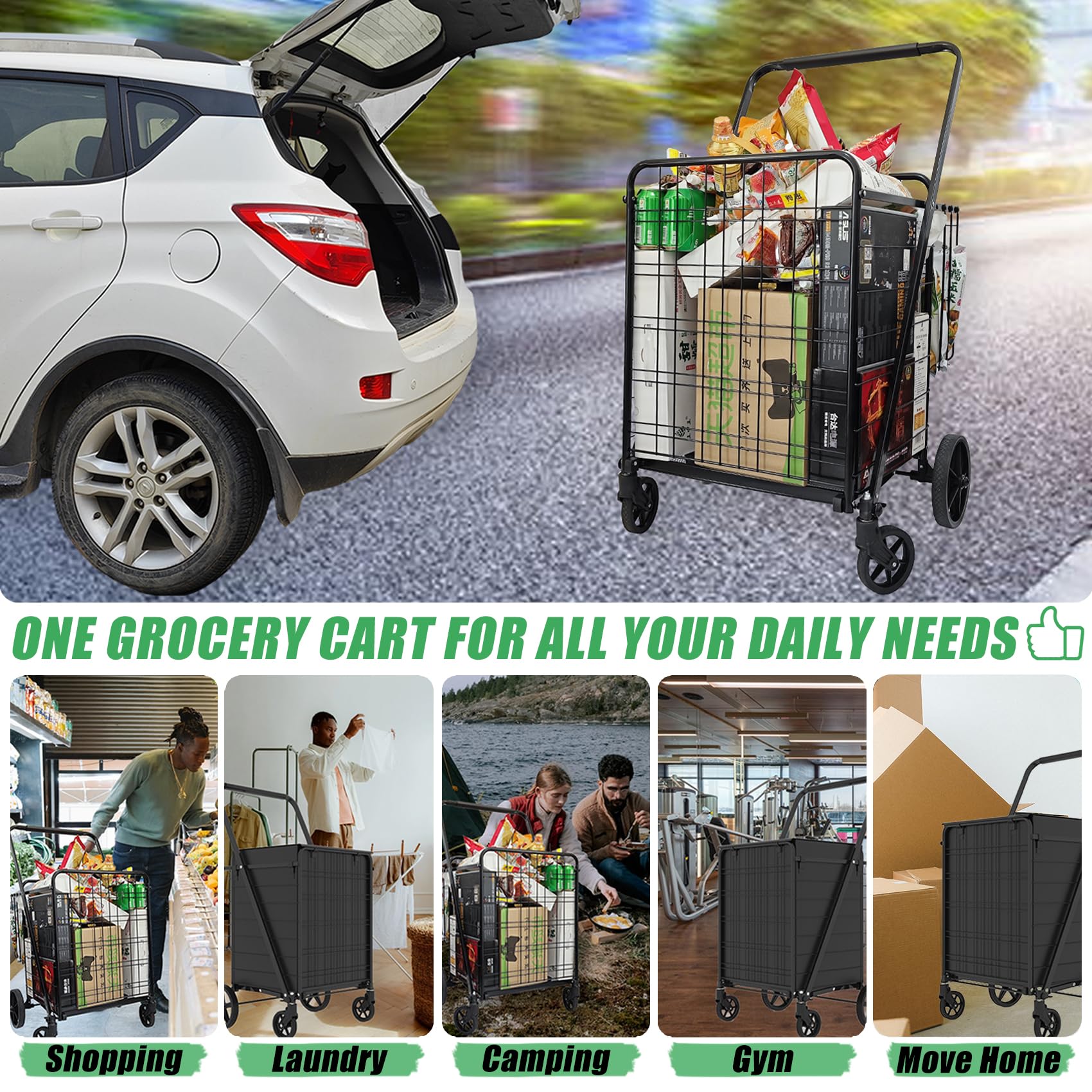 Jumbo Shopping Cart for Groceries, 30.7 Gallons Folding Grocery Cart with Waterproof Bag, 360° Swivel Wheels & Double Basket, Portable Heavy Duty Utility Cart for Shopping/Laundry-Hold Up to 440 LBS