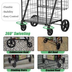 Jumbo Shopping Cart for Groceries, 30.7 Gallons Folding Grocery Cart with Waterproof Bag, 360° Swivel Wheels & Double Basket, Portable Heavy Duty Utility Cart for Shopping/Laundry-Hold Up to 440 LBS