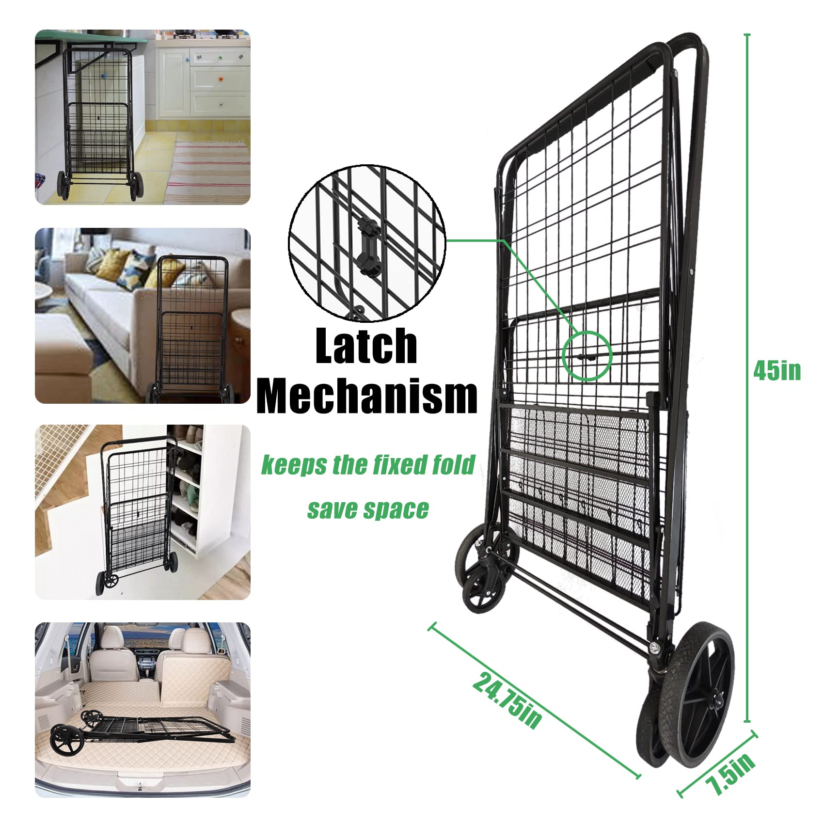 Jumbo Shopping Cart for Groceries, 30.7 Gallons Folding Grocery Cart with Waterproof Bag, 360° Swivel Wheels & Double Basket, Portable Heavy Duty Utility Cart for Shopping/Laundry-Hold Up to 440 LBS