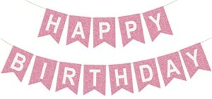 fabric happy birthday banner, pre assembled glitter pink birthday sign for birthday party decorations supplies