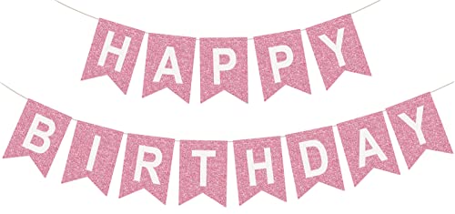 Fabric Happy Birthday Banner, Pre Assembled Glitter Pink Birthday Sign for Birthday Party Decorations supplies