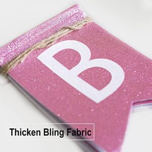 Fabric Happy Birthday Banner, Pre Assembled Glitter Pink Birthday Sign for Birthday Party Decorations supplies