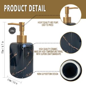 10 Oz Square Marble Soap Dispenser Black Soap Dispenser for Bathroom Ceramic Liquid Soap Dispenser with Golden Pump Premium Kitchen Soap Dispenser (Black Marble)