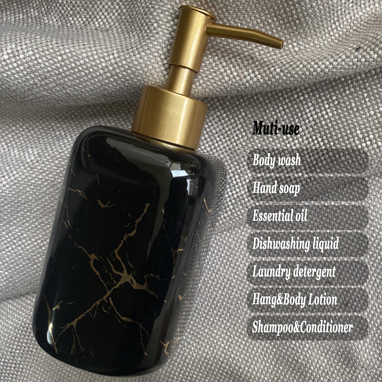 10 Oz Square Marble Soap Dispenser Black Soap Dispenser for Bathroom Ceramic Liquid Soap Dispenser with Golden Pump Premium Kitchen Soap Dispenser (Black Marble)