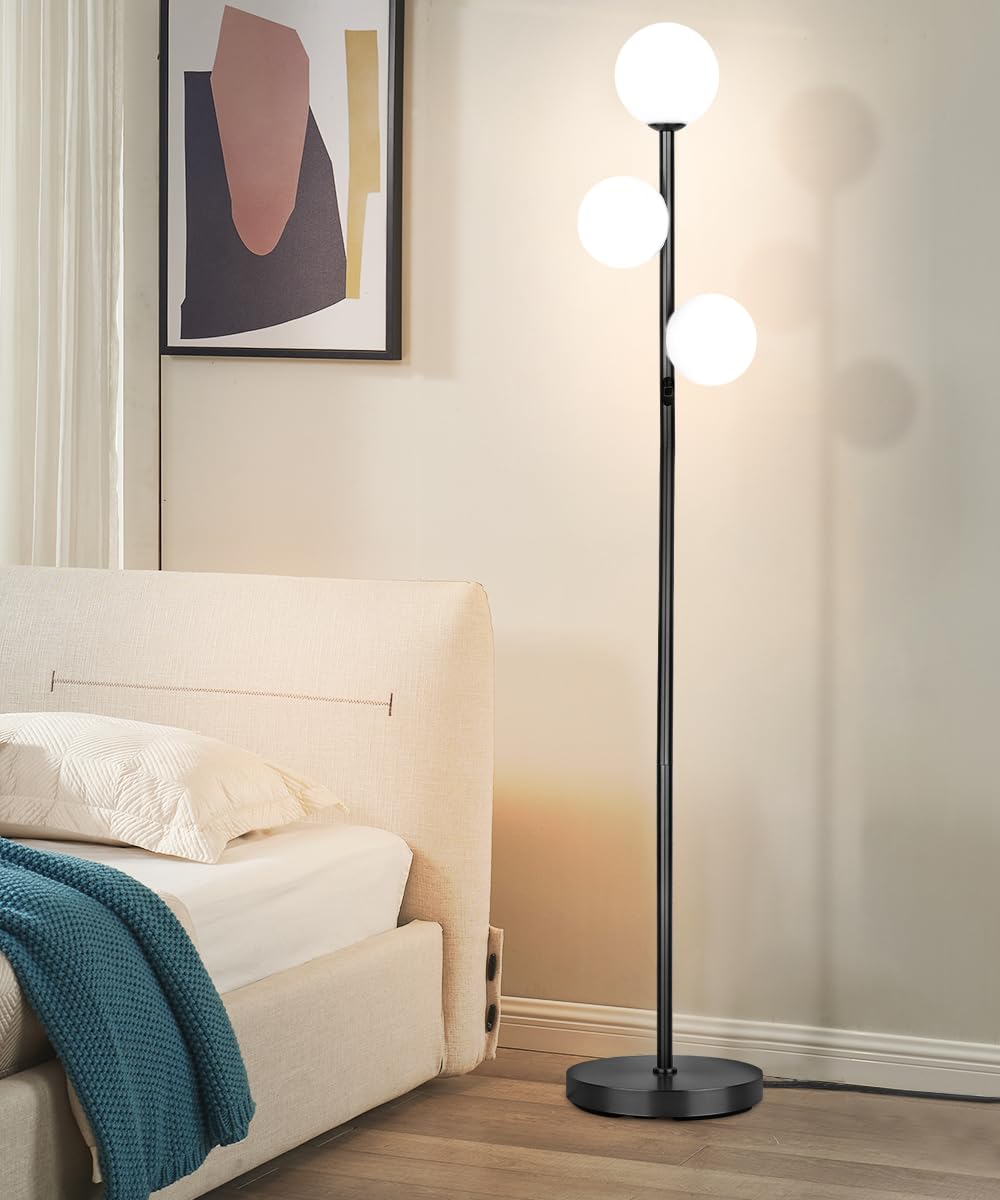 3 Globe Mid Century Modern Floor Lamp for Living Room Decor, Tall Standing Dimmable LED Light for Bedroom Office, Full Range Dimming, Adjustable Color Temperature 3000K-6000K, ETL Listed - Matte Black