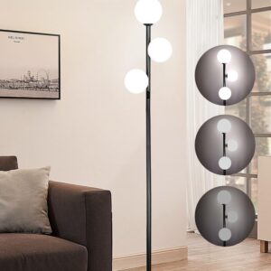 3 Globe Mid Century Modern Floor Lamp for Living Room Decor, Tall Standing Dimmable LED Light for Bedroom Office, Full Range Dimming, Adjustable Color Temperature 3000K-6000K, ETL Listed - Matte Black