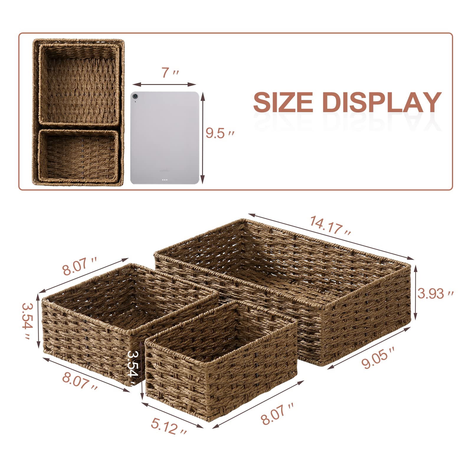 FairyHaus Handmade Wicker Storage Basket 3Pack, Recyclable & Renewable Paper Rope Small Wicker Baskets for Storage, Brown Woven Baskets Set for Organizing Rectangle