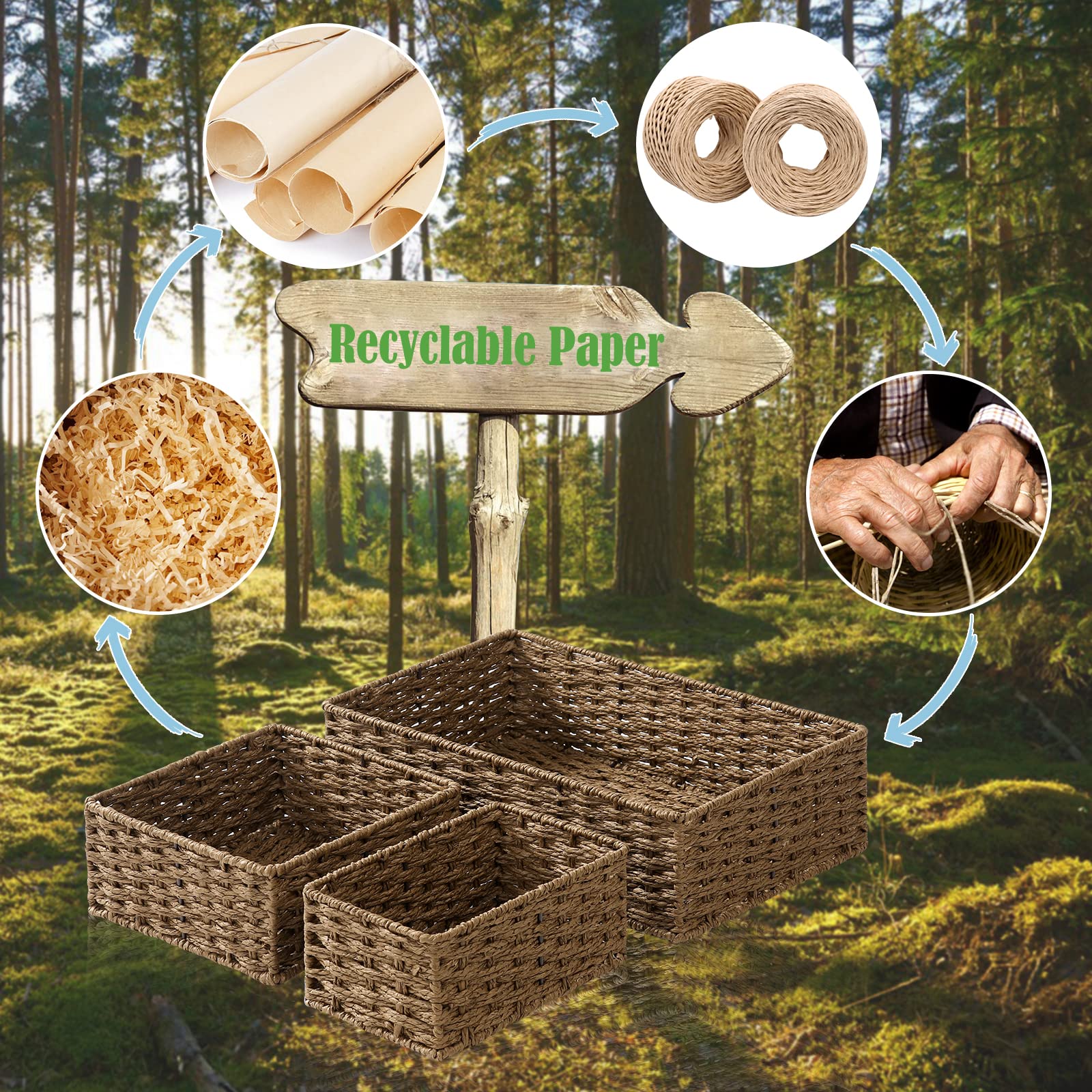 FairyHaus Handmade Wicker Storage Basket 3Pack, Recyclable & Renewable Paper Rope Small Wicker Baskets for Storage, Brown Woven Baskets Set for Organizing Rectangle