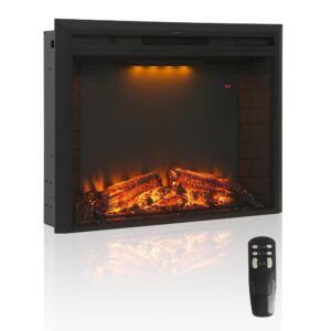 casainc 28'' electric fireplace insert, recessed led mantel fireplace, low noise w/thermostat heater,1-9 h timer and remote control, adjustable flame 3 colors & 5 brightness, 1500/750w-black