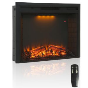 CASAINC 28'' Electric Fireplace Insert, Recessed LED Mantel Fireplace, Low Noise w/Thermostat Heater,1-9 H Timer and Remote Control, Adjustable Flame 3 Colors & 5 Brightness, 1500/750W-Black