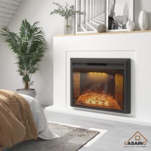 CASAINC 28'' Electric Fireplace Insert, Recessed LED Mantel Fireplace, Low Noise w/Thermostat Heater,1-9 H Timer and Remote Control, Adjustable Flame 3 Colors & 5 Brightness, 1500/750W-Black