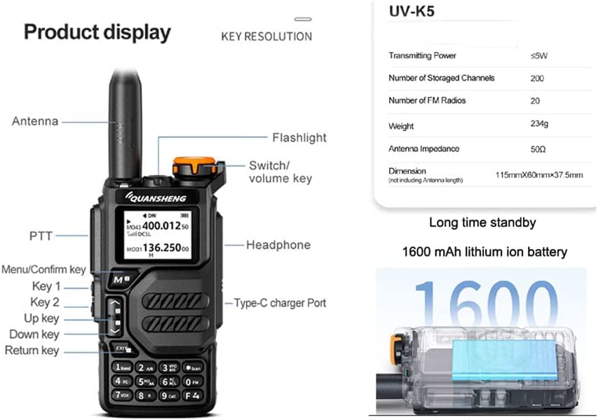 UV-K5 Dual Band Radio 5 Watt Output Portable Two-Way Radio with NOAA Weather Alert Walkie Talki FM (1pc)