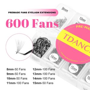 TDANCE 600 Fans Premade Fans Eyelash Extensions 8-15mm Mixed Length Pre Made Fans Lash Extensions 5D 8D 10D 12D 14D 16D 24D Handmade Promades Eyelash Fans C/D Curl Loose Fans(600-10D-0.07-D-8-15mm)