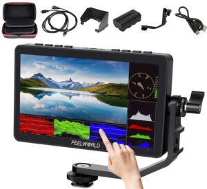 feelworld f5 pro v4+ battery+ charger+carry case 6 inch touchscreen camera field monitor with 3d lut f970 external kit install for power wireless transmission support 4k hdmi input output 5v type-c