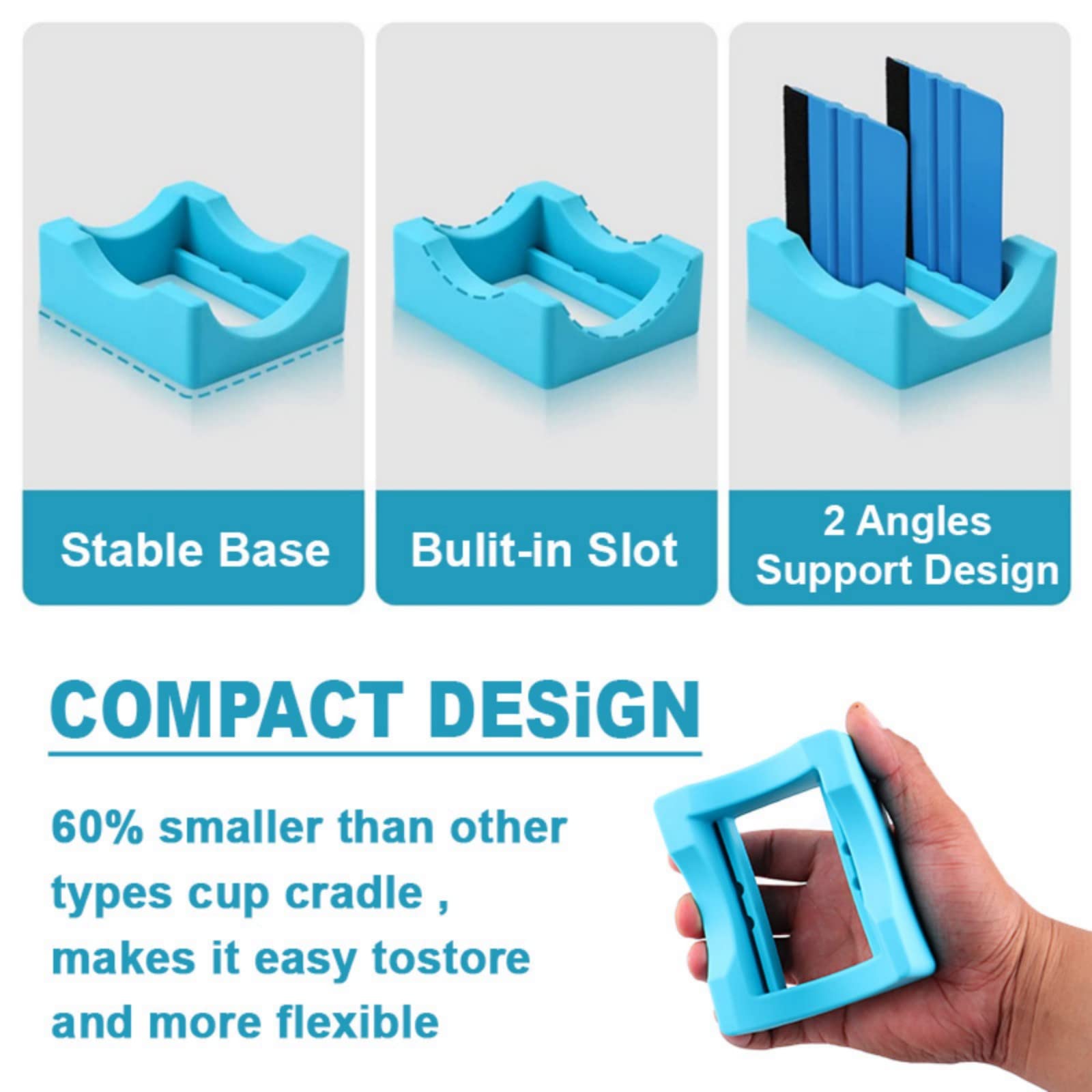 Silicone Cup Cradle for Tumbler Crafting Tumbler Holder with Built-in Slot and Felt Edge Scraper 2 Angle Supports Anti Skidding Tumbler Cradle for Cups and Bottles (Blue)