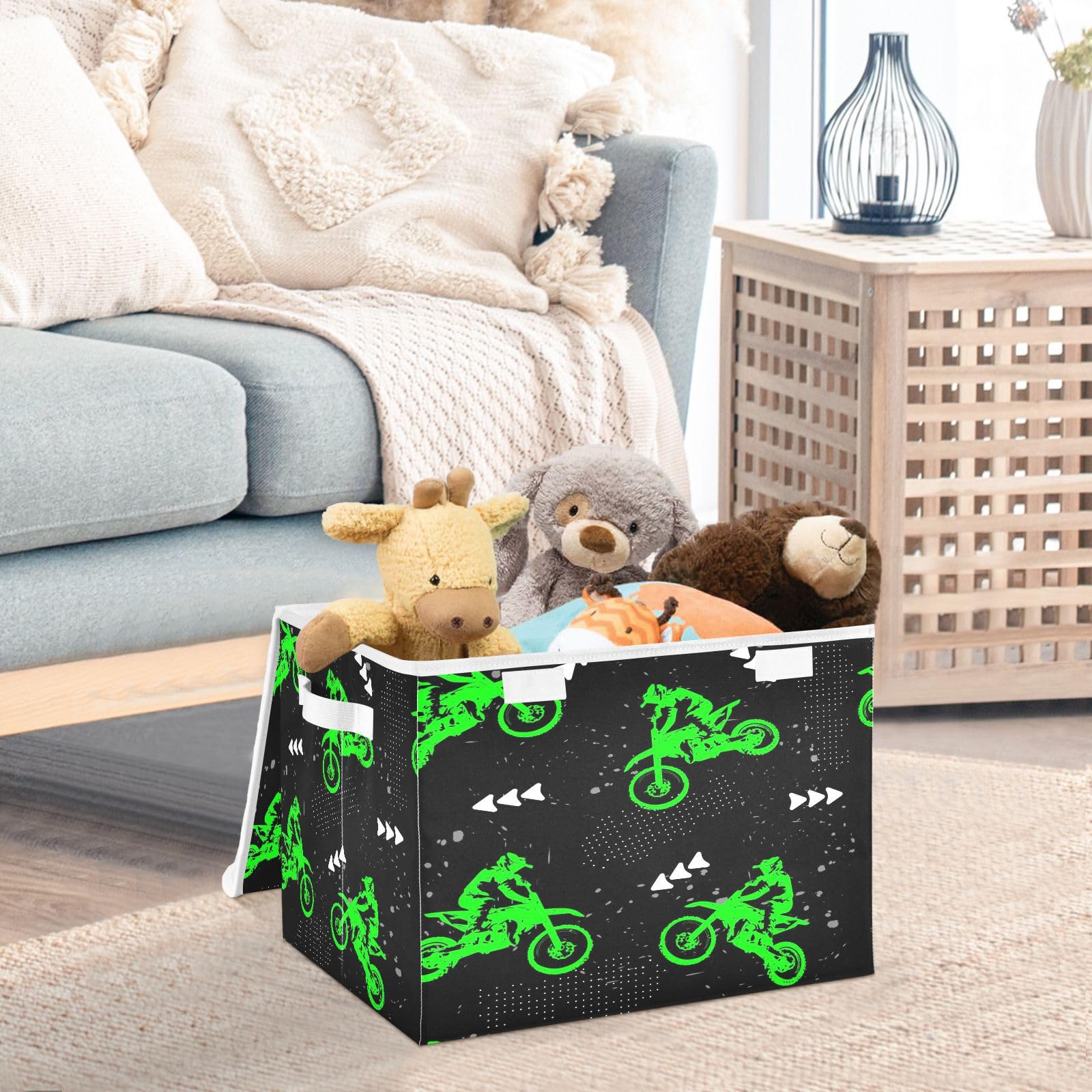 Krafig Green Motocross Foldable Storage Box Large Cube Organizer Bins Containers Baskets with Lids Handles for Closet Organization, Shelves, Clothes, Toys