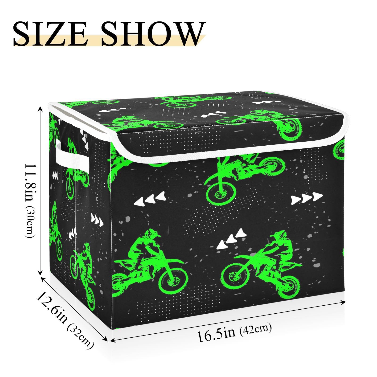 Krafig Green Motocross Foldable Storage Box Large Cube Organizer Bins Containers Baskets with Lids Handles for Closet Organization, Shelves, Clothes, Toys