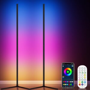 wisimmall 2pcs rgb corner floor lamp, 64.5" rgb color changing mood light bluetooth app and remote control music sync led 398 dimmable modes modern floor lamp for living room, light timing