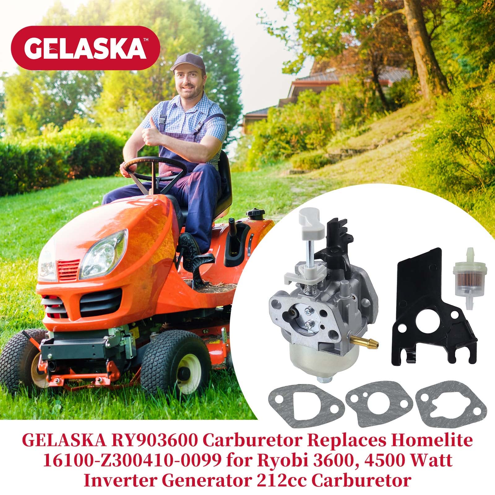 GELASKA RY903600 Carburetor Replaces Homelite 16100-Z300410-0099, DP242852 for Ryobi 3600, 4500 Watt Inverter Generator 212cc Carburetor