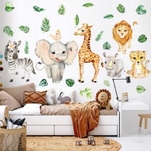 colarr 2 sheets jungle animals sun wall decals watercolor safari wall stickers, removable elephant lion baby room decor nursery wall art for baby nursery kids room living room wall decor (animal)