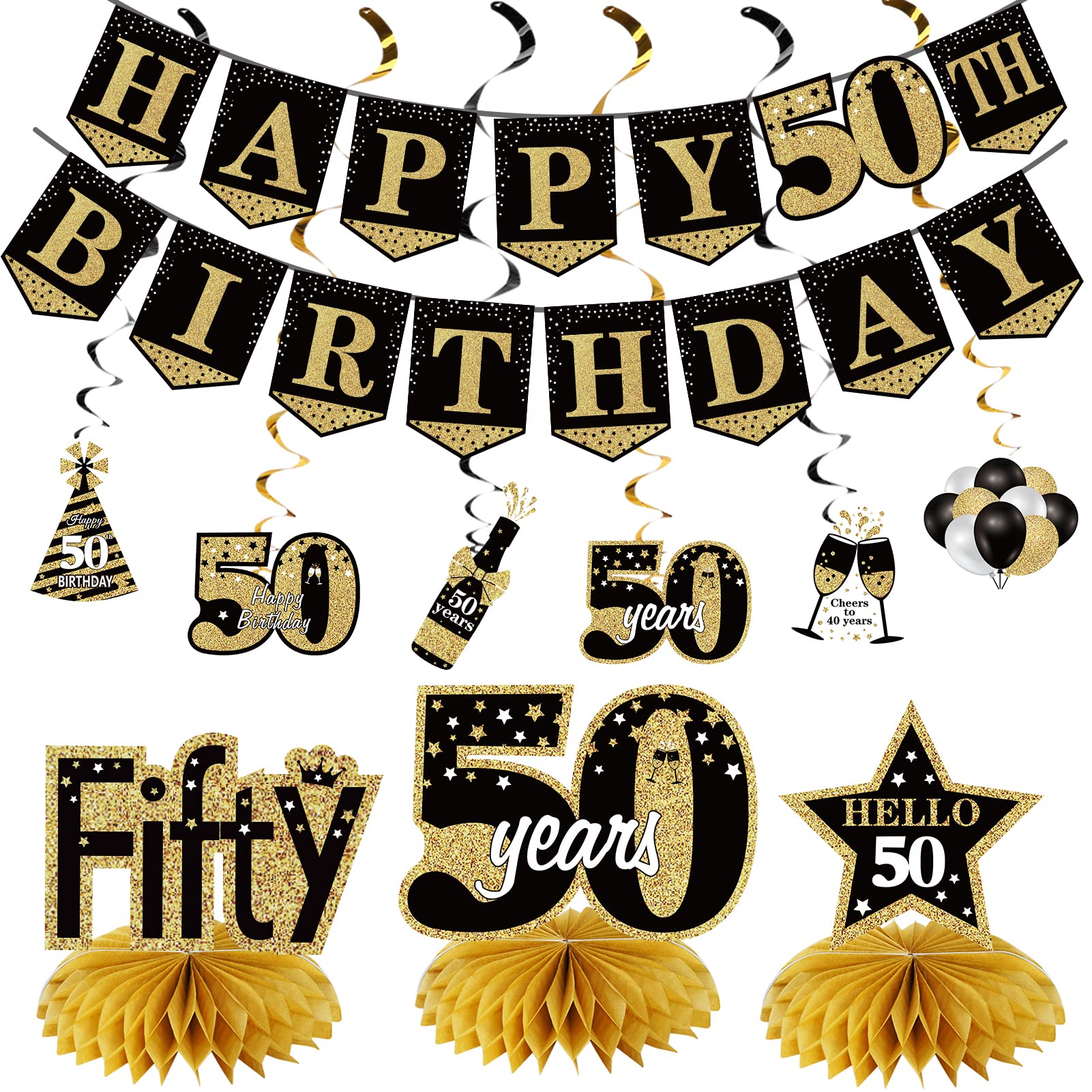 50th Birthday Banner Decorations for Men Women, 10Pcs Happy 50th Birthday Banner Honeycomb Centerpieces Swrils Kit