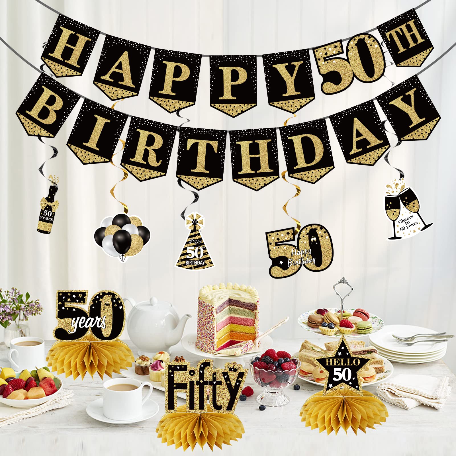 50th Birthday Banner Decorations for Men Women, 10Pcs Happy 50th Birthday Banner Honeycomb Centerpieces Swrils Kit