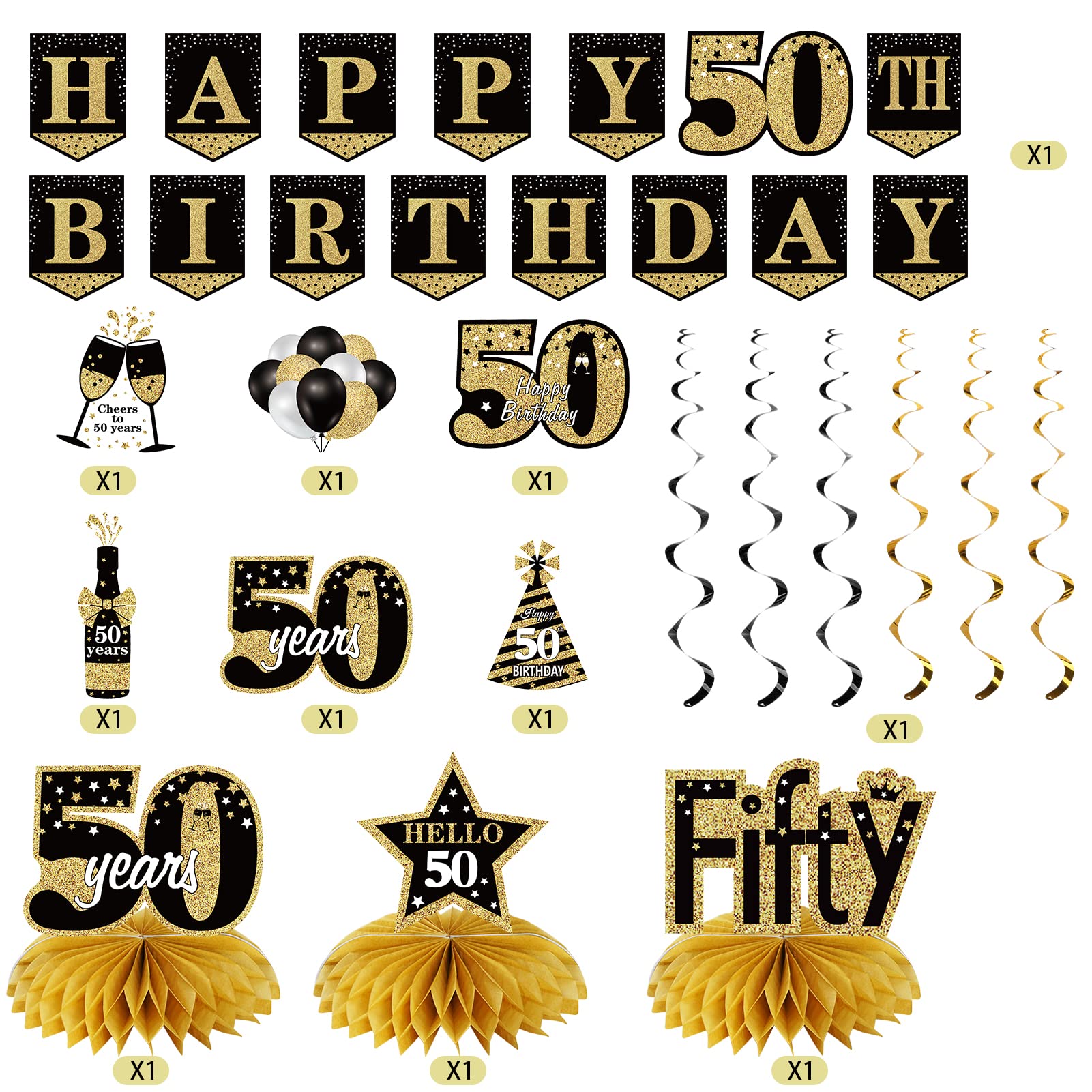 50th Birthday Banner Decorations for Men Women, 10Pcs Happy 50th Birthday Banner Honeycomb Centerpieces Swrils Kit