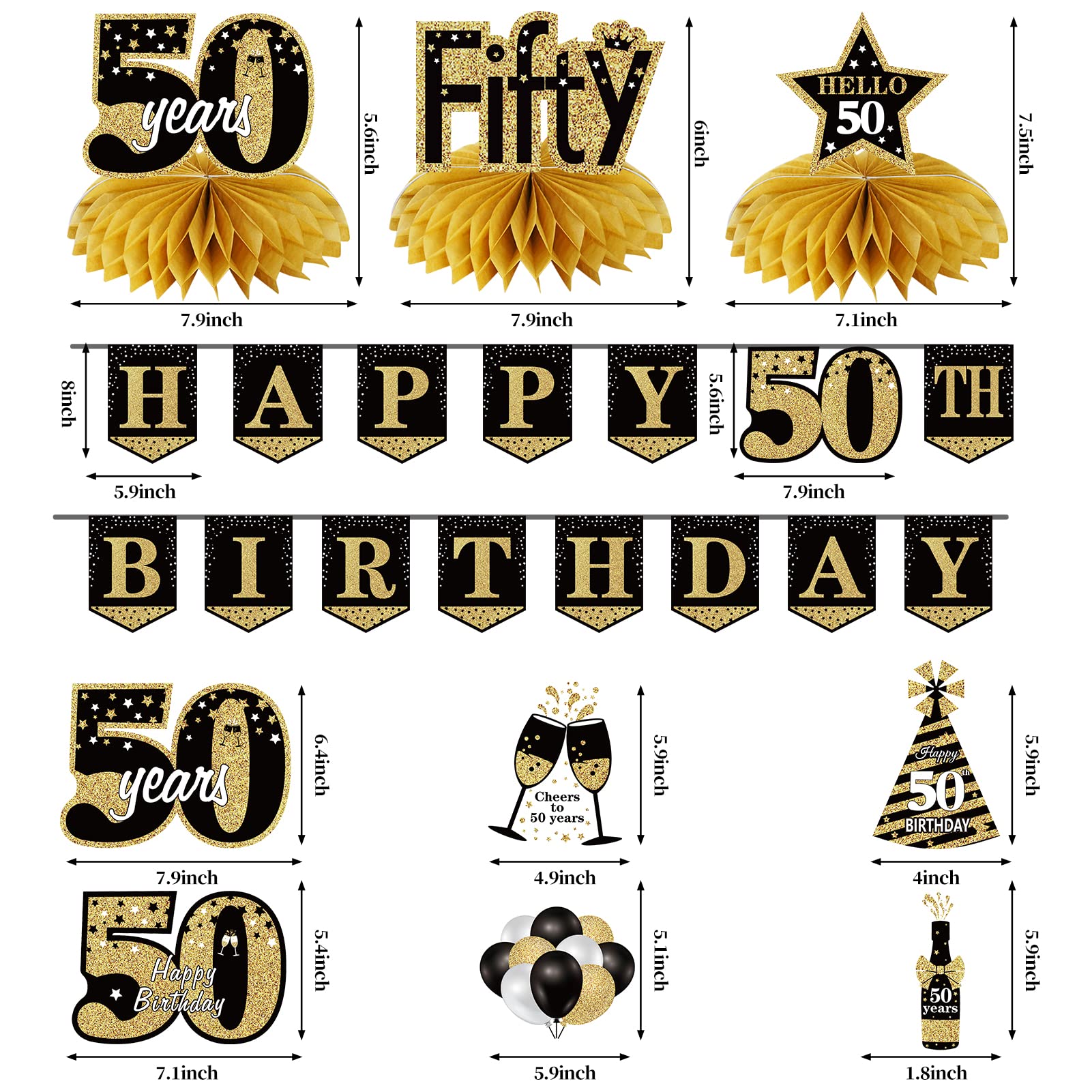 50th Birthday Banner Decorations for Men Women, 10Pcs Happy 50th Birthday Banner Honeycomb Centerpieces Swrils Kit