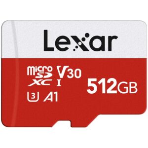lexar e-series 512gb micro sd card, microsdxc uhs-i flash memory card with adapter, 100mb/s, c10, u3, a1, v30, full hd, 4k uhd, high speed tf card