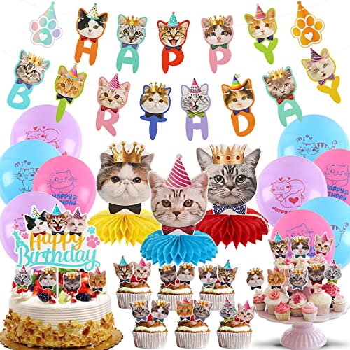 DECYOOL 39 Pcs Cat Birthday Decorations Cat Birthday Party Supplies, 2 Pcs Birthday Banner 3 Pcs Birthday Honeycombs 9pcs Birthday Balloons and 25 Pcs Cupcake Toppers for Kid cat lover