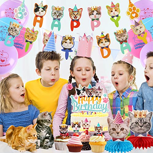 DECYOOL 39 Pcs Cat Birthday Decorations Cat Birthday Party Supplies, 2 Pcs Birthday Banner 3 Pcs Birthday Honeycombs 9pcs Birthday Balloons and 25 Pcs Cupcake Toppers for Kid cat lover