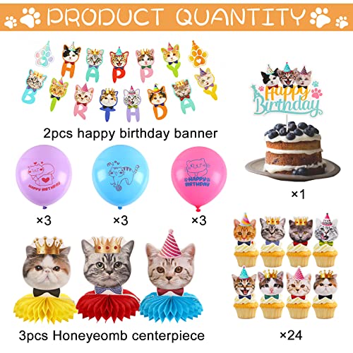 DECYOOL 39 Pcs Cat Birthday Decorations Cat Birthday Party Supplies, 2 Pcs Birthday Banner 3 Pcs Birthday Honeycombs 9pcs Birthday Balloons and 25 Pcs Cupcake Toppers for Kid cat lover