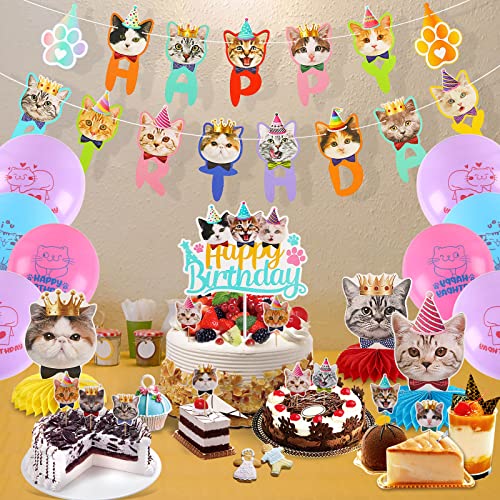 DECYOOL 39 Pcs Cat Birthday Decorations Cat Birthday Party Supplies, 2 Pcs Birthday Banner 3 Pcs Birthday Honeycombs 9pcs Birthday Balloons and 25 Pcs Cupcake Toppers for Kid cat lover