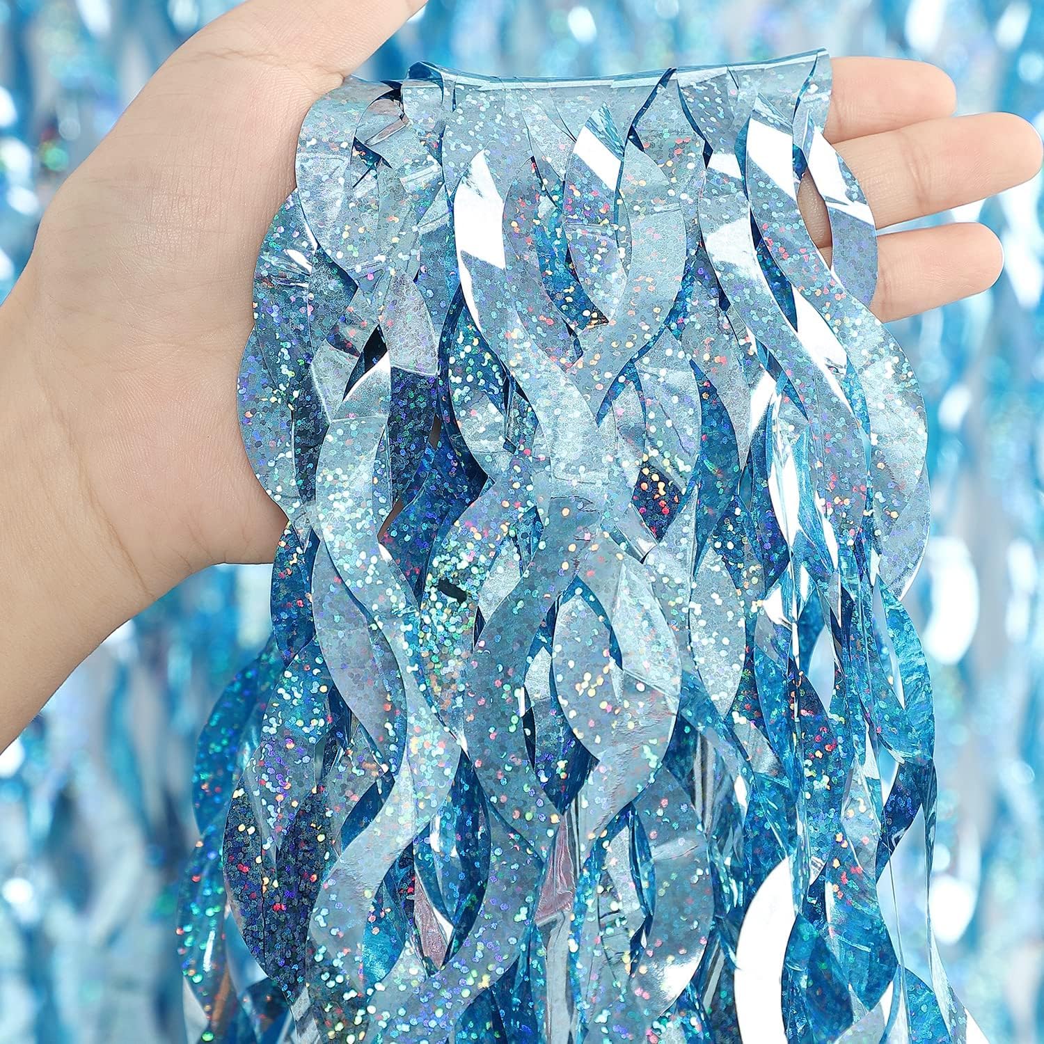 4 Pack Light Blue Party Foil Curtain - CYLMFC 3.3 ft x 6.6 ft Wavy Photo Booth Backdrop Metallic Tinsel Foil Fringe Curtains Environmental Background for Birthday Wedding Party Christmas Decorations