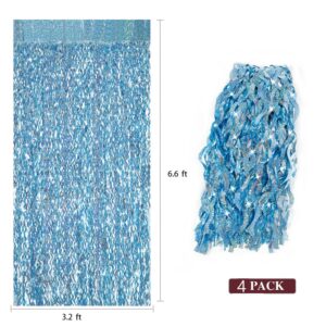 4 Pack Light Blue Party Foil Curtain - CYLMFC 3.3 ft x 6.6 ft Wavy Photo Booth Backdrop Metallic Tinsel Foil Fringe Curtains Environmental Background for Birthday Wedding Party Christmas Decorations