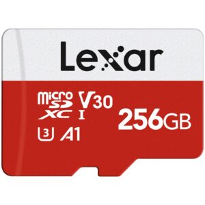lexar e-series 256gb micro sd card, microsdxc uhs-i flash memory card with adapter, 100mb/s, c10, u3, a1, v30, full hd, 4k uhd, high speed tf card