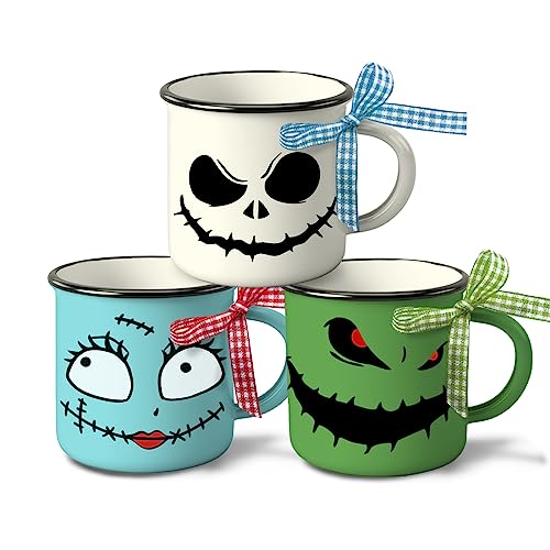 Paayna Halloween Mini Coffee Mug Set of 3, Night. mare BE Fore. Xmas Jack and Sally Spooky Face Mini Cups for Tiered Tray Decor, Kitchen Coffee Bar Party Decoration Centerpiece Fall Housewarming Gift