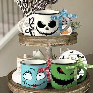 Paayna Halloween Mini Coffee Mug Set of 3, Night. mare BE Fore. Xmas Jack and Sally Spooky Face Mini Cups for Tiered Tray Decor, Kitchen Coffee Bar Party Decoration Centerpiece Fall Housewarming Gift