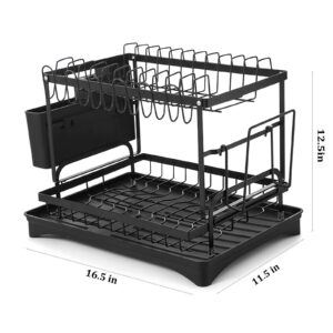 Juya Dish Drying Rack, 2 Tier Dish Racks for Kitchen Counter, Dish Drying Racks with Drainboard, Stainless Steel Kitchen Dish Rack for Tableware, Multifunctional and Easy Installation, Black