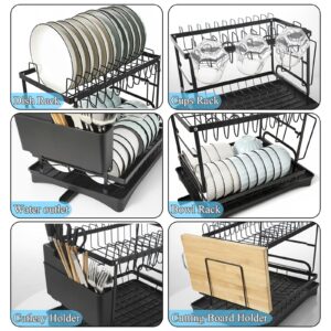 Juya Dish Drying Rack, 2 Tier Dish Racks for Kitchen Counter, Dish Drying Racks with Drainboard, Stainless Steel Kitchen Dish Rack for Tableware, Multifunctional and Easy Installation, Black