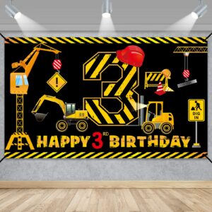 construction 3rd birthday banner decorations for boys kids, dump truck construction theme three birthday backdrop party supplies, excavator crane digger three year old poster sign