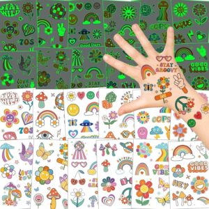 konsait groovy 70s temporary tattoos for kids, 90 pcs glow in dark hippie tattoos stickers flower rainbow butterfly love and peace face tattoos for girls flower power birthday party favor supplies